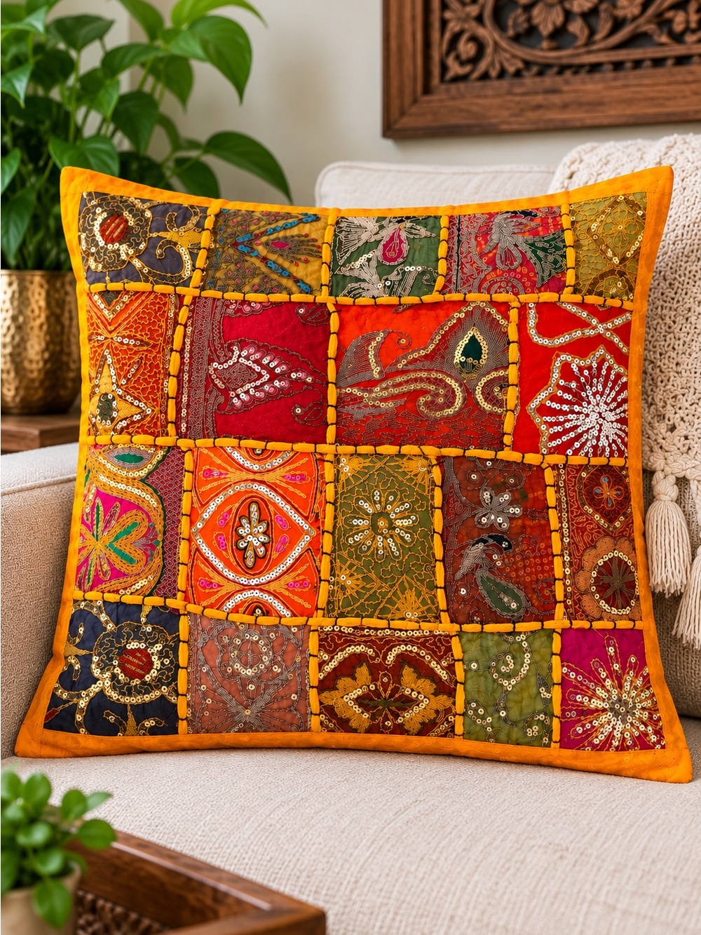 Indian Patchwork Pillow Cover 16x16 Embroidered Sequin Boho Decor
